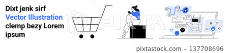 Online shopping, e-commerce, digital communication, remote work, consumer behavior, technology trends. A shopping cart, a person on a device and a laptop with digital elements. Online shopping Online shopping, e-commerce, digital communication, remote work, consumer behavior, technology trends. A shopping cart, a person on a device and a laptop with digital elements. Online shopping 137708696