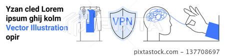 Cybersecurity, mental health, data protection, online privacy, identity verification, retail illustration. A shield with VPN text, a brain with lines and clothing imagery. Cybersecurity and data Cybersecurity, mental health, data protection, online privacy, identity verification, retail illustration. A shield with VPN text, a brain with lines and clothing imagery. Cybersecurity and data 137708697