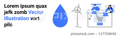 Sustainability, e-commerce, renewable energy, water conservation, environmental impact, online services. Blue water drop, wind turbine online shopping and buy button visuals. Sustainability 137708698