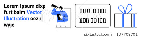 Exploration, digital data, gifts, technology, surveillance, analysis. A man holding a telescope, binary code and a gift box. Exploration and digital data concepts displayed Exploration, digital data, gifts, technology, surveillance, analysis. A man holding a telescope, binary code and a gift box. Exploration and digital data concepts displayed 137708701
