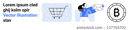 E-commerce, shopping, online transactions, cryptocurrency, digital wallets, delivery services. Shopping cart icon, woman holding a mail package bitcoin symbol. E-commerce and cryptocurrency concept 137708702