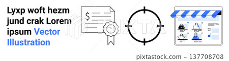 Business verification, e-commerce, marketing strategy, certification, online sales, targeting. Certificate, target and web store layout. Business verification and e-commerce concept Business verification, e-commerce, marketing strategy, certification, online sales, targeting. Certificate, target and web store layout. Business verification and e-commerce concept 137708708