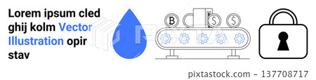 Cryptocurrency, blockchain technology, data security, digital assets, financial transactions, fintech security. Coin processing machine, blue water drop locked padlock. Blockchain and data security Cryptocurrency, blockchain technology, data security, digital assets, financial transactions, fintech security. Coin processing machine, blue water drop locked padlock. Blockchain and data security 137708717