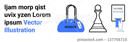 E-commerce, logistics, strategic planning, product identification, retail, digital transactions. A handbag, chess pawn and HS code scanner. E-commerce and logistics concepts E-commerce, logistics, strategic planning, product identification, retail, digital transactions. A handbag, chess pawn and HS code scanner. E-commerce and logistics concepts 137708718