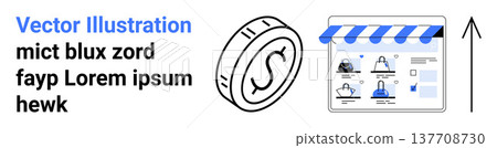 Online shopping, digital payments, e-commerce, web design, business growth, transactions. Features coin symbol and digital storefront interface. E-commerce and digital payments theme 137708730