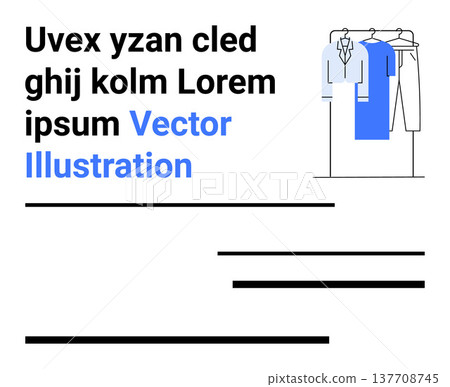 Fashion, retail, e-commerce, clothing store layout, design templates, marketing visuals. A rack with various clothing items alongside placeholder text. Fashion and retail design concept Fashion, retail, e-commerce, clothing store layout, design templates, marketing visuals. A rack with various clothing items alongside placeholder text. Fashion and retail design concept 137708745