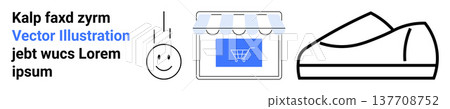 E-commerce, online retail, shopping, sneaker design, branding, customer experience. Shopping cart storefront, sneaker outline happy face. E-commerce and online retail visualization concepts E-commerce, online retail, shopping, sneaker design, branding, customer experience. Shopping cart storefront, sneaker outline happy face. E-commerce and online retail visualization concepts 137708752