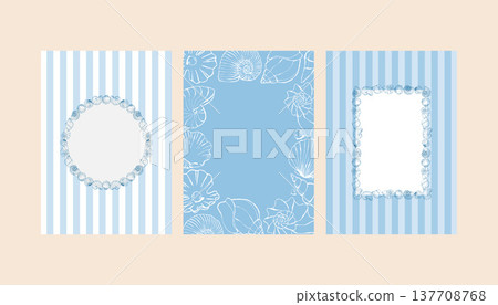 A set of whimsical blue card templates featuring hand-drawn seashells and frames. Invitations and posters with nautical stripes. Templates for wedding invitations, greeting cards, or holiday designs 137708768