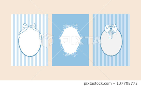 A set of whimsical blue postcard templates with hand-drawn frames. Invitations and posters feature vintage ribbons, bows, pearls, and stripes. Templates for wedding invitations, greeting cards, or 137708772