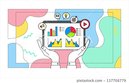 Flat design hands holding tablet with colorful business graphs and charts on screen isolated on white background 137708779