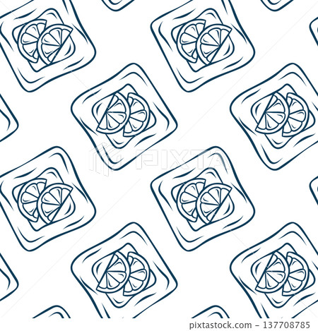 French square puff pastry with lemon, simple doodle and sketch pattern in Mediterranean blue lines. Hand-drawn repeating design for bakery packaging or kitchen textiles French square puff pastry with lemon, simple doodle and sketch pattern in Mediterranean blue lines. Hand-drawn repeating design for bakery packaging or kitchen textiles 137708785