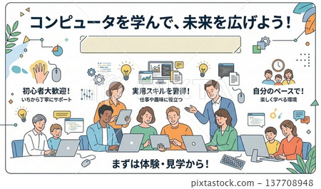 Banner illustration for a computer class/programming school: depicting people of diverse ages enjoying learning. 137708948