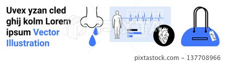 Health diagnostics, medical education, patient care, anatomy study, technology in healthcare, personal monitoring. A nose with a drop, ECG monitor human figure heart icon and a handbag. Health Health diagnostics, medical education, patient care, anatomy study, technology in healthcare, personal monitoring. A nose with a drop, ECG monitor human figure heart icon and a handbag. Health 137708966