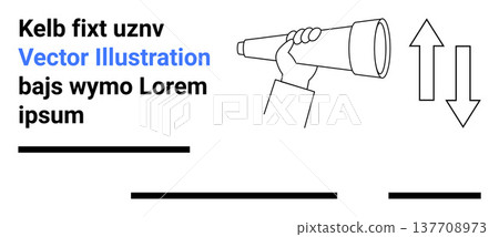 Exploration, business strategy, navigation, decision-making, market research, growth potential. Hand holding a telescope, arrows indicating direction. Exploration and business strategy concepts Exploration, business strategy, navigation, decision-making, market research, growth potential. Hand holding a telescope, arrows indicating direction. Exploration and business strategy concepts 137708973