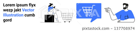 E-commerce, online retail, digital communication, shopping apps, customer interaction, user experience. Woman with smartphone beside a shopping cart. E-commerce and shopping apps concepts 137708974