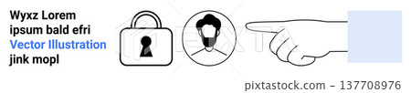 Data privacy, access control, identity verification, personal security, digital authentication, user interface. Lock and person icon with a hand pointing. Data privacy and access control concept 137708976