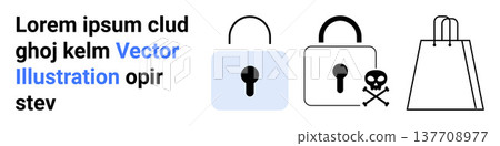 Cybersecurity, online shopping, data protection, e-commerce safety, encryption, hacking prevention. Image shows lock icons and a shopping bag. Cybersecurity and online shopping concept 137708977