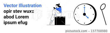 Digital technology, time management, modern lifestyle, text design, productivity, scheduling. Woman sitting on a box using a smartphone, clock display nearby with simple text. Digital technology Digital technology, time management, modern lifestyle, text design, productivity, scheduling. Woman sitting on a box using a smartphone, clock display nearby with simple text. Digital technology 137708980