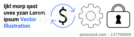 Business processes, financial services, security, automation, digital economy, technology. Circular dollar sign, cogwheel lock with keyhole. Financial services and security concept Business processes, financial services, security, automation, digital economy, technology. Circular dollar sign, cogwheel lock with keyhole. Financial services and security concept 137708999