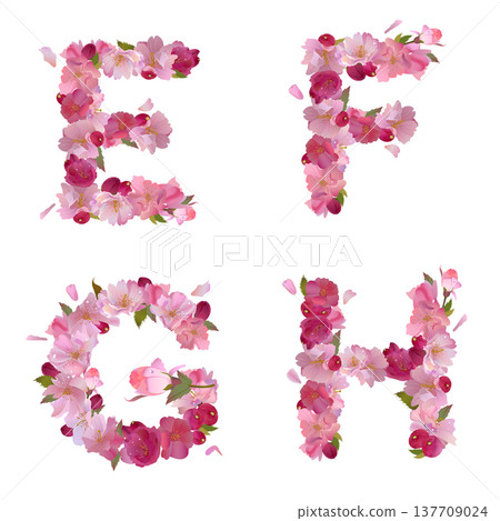 Spring alphabet with cherry flowers E F G H 137709024