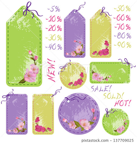 Vector spring sale tags with cherry flowers 137709025