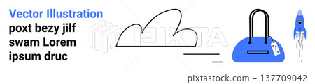 Travel, exploration, transportation, futuristic design, branding, packaging concepts. Minimalist cloud, bag with tag and small rocket against a white background. Travel and exploration idea Travel, exploration, transportation, futuristic design, branding, packaging concepts. Minimalist cloud, bag with tag and small rocket against a white background. Travel and exploration idea 137709042