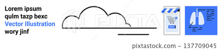 Cloud storage, online shopping, digital storefronts, internet connectivity, technology integration, data visualization. A cloud icon and e-commerce shop with checkout icon. Cloud storage and online Cloud storage, online shopping, digital storefronts, internet connectivity, technology integration, data visualization. A cloud icon and e-commerce shop with checkout icon. Cloud storage and online 137709045