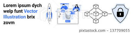 Blockchain network, data security, e-commerce platform, innovation, communication, technology. Rocket, shopping cart blockchain shield. Blockchain technology and data security concept 137709055
