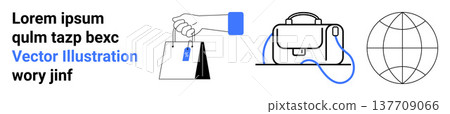 E-commerce, online marketing, global trade, retail, shopping, logistics. Graphic shows shopping bag with tag, handbag and connected globe. E-commerce and global trade visualization 137709066