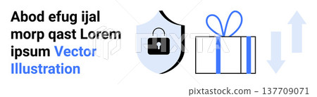 Cybersecurity, online transactions, privacy, data exchange, protection, notifications. Shield with lock, wrapped gift box arrows. Cybersecurity and online transactions concept Cybersecurity, online transactions, privacy, data exchange, protection, notifications. Shield with lock, wrapped gift box arrows. Cybersecurity and online transactions concept 137709071