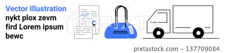 Business tools, data analysis, shopping, product delivery, transportation, e-commerce. A document, shopping bag and truck icons in a minimalist style. Business tools and e-commerce concepts 137709084