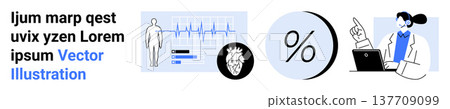 Healthcare, diagnostics, data analysis, medical research, statistics, cardiology. Human figure with cardiograph, heart diagram and percentage symbol. Healthcare and diagnostics concept 137709099