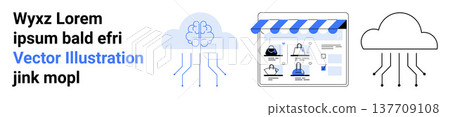 Cloud computing, AI technology, e-commerce platforms, data sharing, neural networks, online innovations. Brain-shaped cloud, online store abstract cloud symbols. Cloud computing and AI technology Cloud computing, AI technology, e-commerce platforms, data sharing, neural networks, online innovations. Brain-shaped cloud, online store abstract cloud symbols. Cloud computing and AI technology 137709108