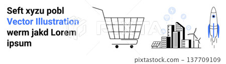 Urban development, sustainable energy, e-commerce, innovation, technology, progress. Shopping cart, cityscape renewable energy icons rocket. E-commerce and urban development theme 137709109