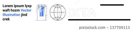 E-commerce, globalization, digital transactions, product display, connectivity, international trade. A clothing rack, global icon and text illustration. E-commerce and globalization concept E-commerce, globalization, digital transactions, product display, connectivity, international trade. A clothing rack, global icon and text illustration. E-commerce and globalization concept 137709113