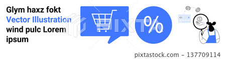 E-commerce, retail marketing, online shopping, discount offers, data analysis, customer insights. A shopping cart icon, percentage symbol and a person analyzing data. E-commerce and retail marketing E-commerce, retail marketing, online shopping, discount offers, data analysis, customer insights. A shopping cart icon, percentage symbol and a person analyzing data. E-commerce and retail marketing 137709114