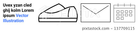 Online shopping, fashion, communication, scheduling, digital user interfaces, organization. Outline drawings of a shoe, envelope and calendar. Online shopping and communication concept 137709115