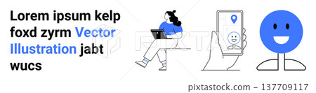 Digital connectivity, navigation, online work, location services, technology usage, communication. Female figure using a laptop, smartphone with GPS and smiling face icon. Digital connectivity Digital connectivity, navigation, online work, location services, technology usage, communication. Female figure using a laptop, smartphone with GPS and smiling face icon. Digital connectivity 137709117
