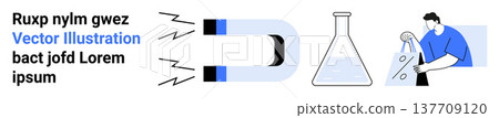 Magnetism, chemistry, physics, experiments, education, scientific research. Magnet with force lines, flask with liquid scientist analyzing samples. Magnetism and chemistry research concept 137709120