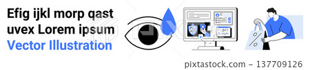 Data security, user privacy, medical analysis, remote diagnostics, digital technology, eye health. Features an eye with a drop, computer interface and lab worker. Data security and user privacy 137709126
