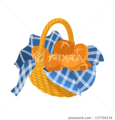 Wicker basket full of freshly baked bread rolls Wicker basket full of freshly baked bread rolls 137709139