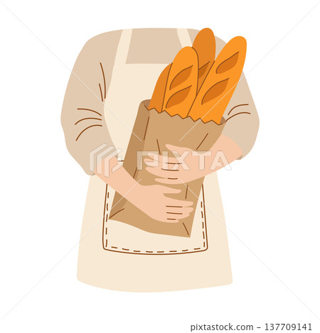 Baker in an apron holding a bag of fresh baguettes 137709141