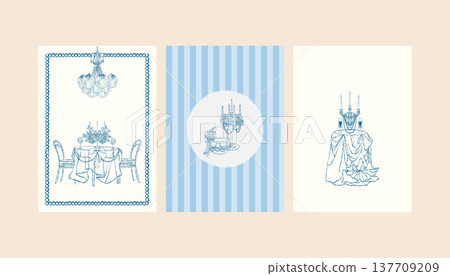 A set of vintage postcard templates featuring a romantic dinner. Candles, bows, a chandelier, shells, and nautical-themed decor. Line art vector illustrations for weddings, holidays, and coastal 137709209
