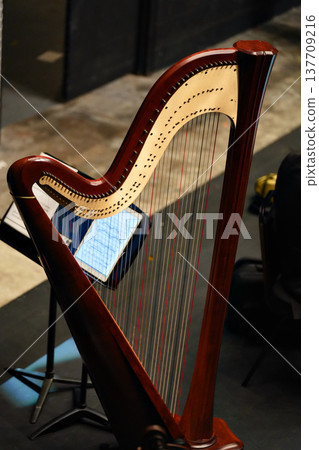 Red wooden harp indoors with strings and music stand Red wooden harp indoors with strings and music stand 137709216