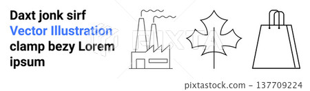 Environmental awareness, sustainability, retail industry, eco-friendly design, industrial processes, commerce. Factory, maple leaf and shopping bag in outline style. Sustainability and retail 137709224