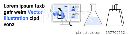 Online education, virtual classrooms, scientific research, e-commerce, digital shopping, remote collaboration. Computer screen with users, a lab flask and a shopping bag. Online education 137709232