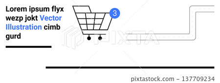 Online shopping, e-commerce, retail sales, notifications, cart updates, digital services. Shopping cart icon with a notification number and abstract lines. E-commerce and online shopping concept Online shopping, e-commerce, retail sales, notifications, cart updates, digital services. Shopping cart icon with a notification number and abstract lines. E-commerce and online shopping concept 137709234