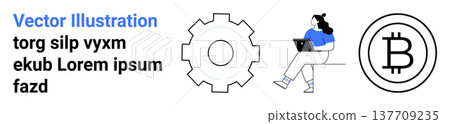 Blockchain systems, cryptocurrency, fintech innovations, remote work, digital transactions, decentralized platforms. Bitcoin symbol, gear icon and seated woman using a laptop. Blockchain systems Blockchain systems, cryptocurrency, fintech innovations, remote work, digital transactions, decentralized platforms. Bitcoin symbol, gear icon and seated woman using a laptop. Blockchain systems 137709235