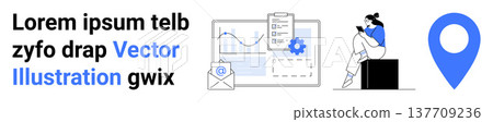 Business analytics, email communication, technology, remote work, navigation, productivity. Includes a graph, email icon settings gear user on tablet and pin marker. Business analytics Business analytics, email communication, technology, remote work, navigation, productivity. Includes a graph, email icon settings gear user on tablet and pin marker. Business analytics 137709236