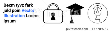 Cybersecurity, education, graphic design, online learning, secure data, digital art tools. Lock, graduation cap and pen tool symbols. Cybersecurity and education concepts visually 137709237